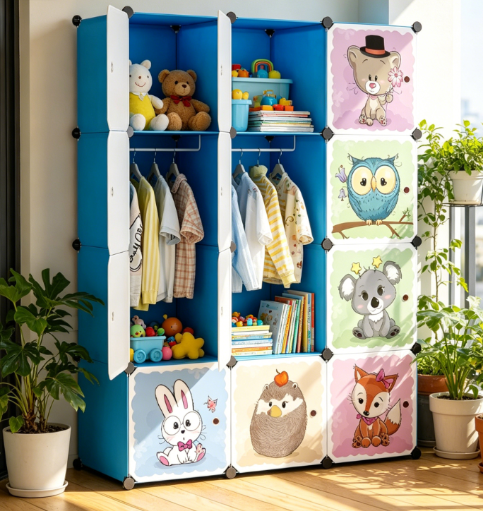 Children's Wardrobe with Doors and 2 Hangers, Deep Compartments, Blue, 110x47x147 cm