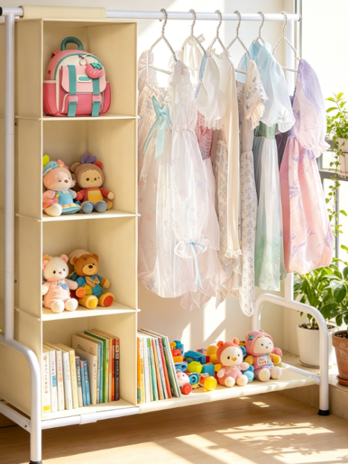 Kids Clothing Rack with Hanging Organiser, for Clothes and Dance Costumes, Beige and White